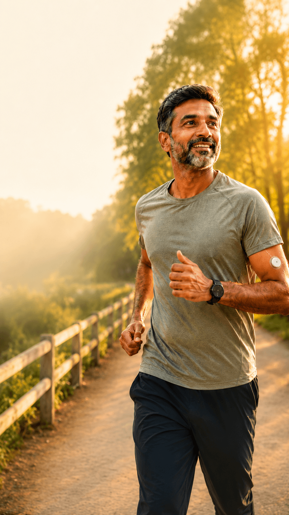 A smiling man jogging outdoors with a continuous glucose monitor on his arm